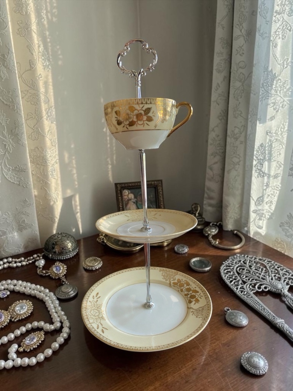 Vintage Chikaramachi Hand-Painted 3-Tier Cake Stand Dessert Tower